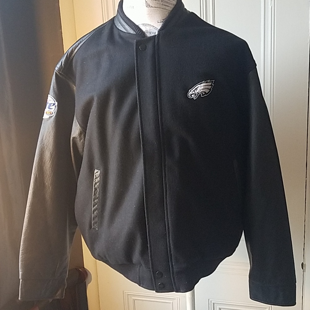 Men's  Black  Eagles Leather & Wool Varsity Jacket